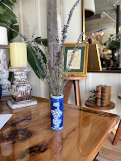 hand-painted blue and white porcelain bud vases with cherry blossom designs