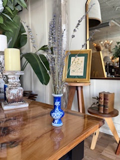 hand-painted blue and white porcelain bud vases with cherry blossom designs